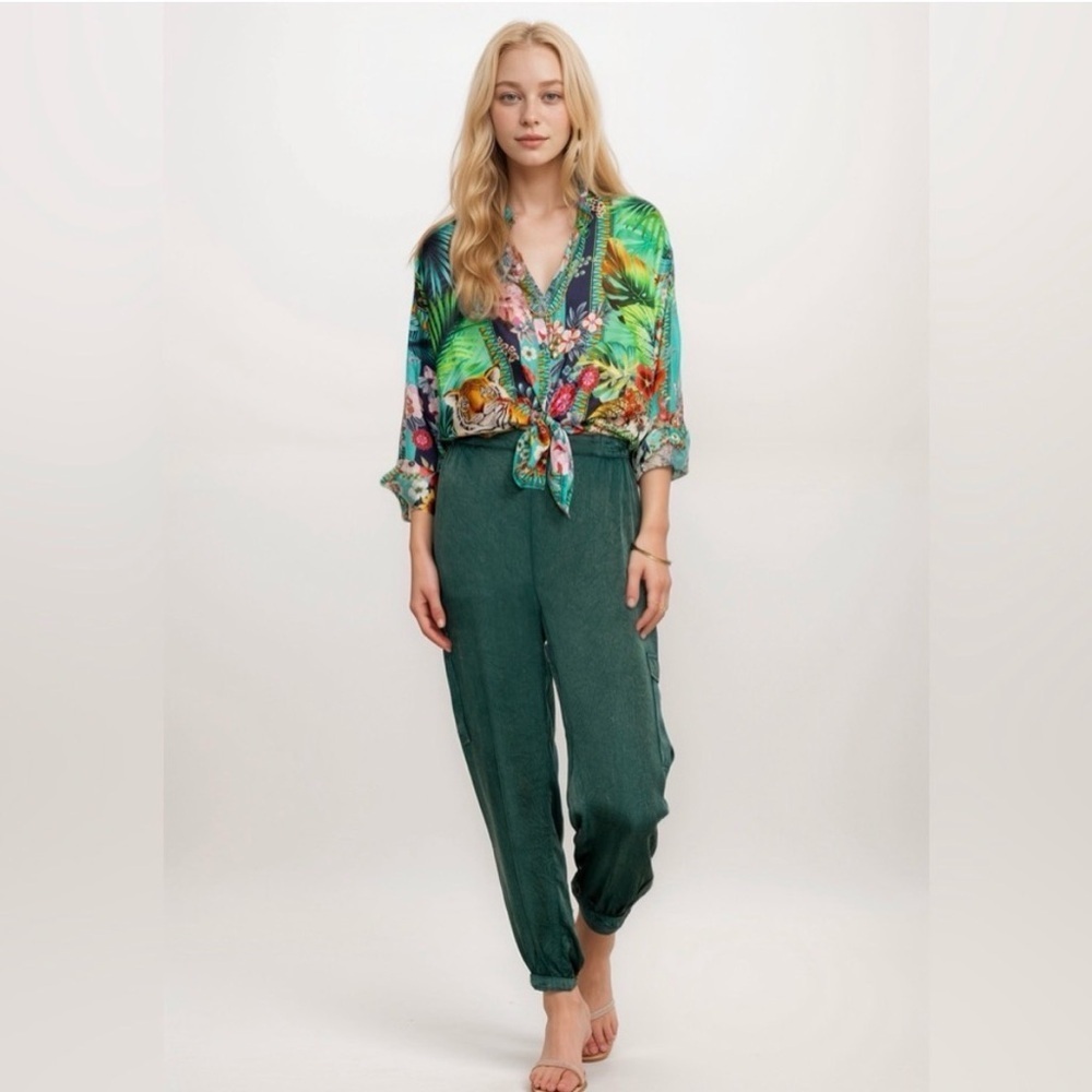 Johnny Was Sz M Khay Jogger Pants Green Pull On Viscose Boho NWT
